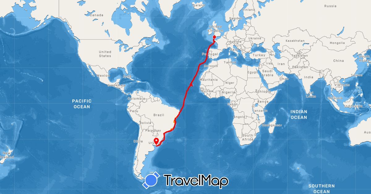 TravelMap itinerary: driving, bateau, boat, car in Brazil, Cape Verde, Spain, France, United Kingdom, Portugal, Uruguay (Africa, Europe, South America)